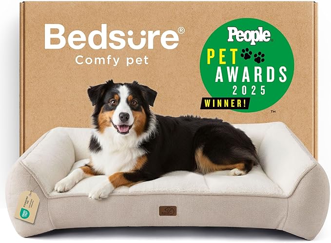 Bedsure SupportMax™ XL Pro Orthopedic Dog Beds Large Sized Dog - As Seen on TV Extra Thick Supportive Dogs Couch with Waterproof Washable Cover, Extra Large Comfort Pet Sofa with Soft Sherpa, Beige