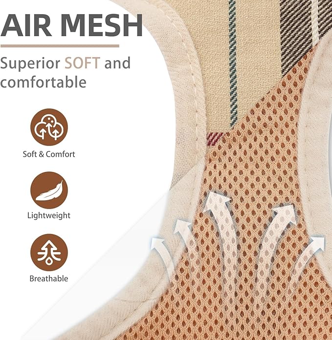 PUPTECK Soft Mesh Dog Harness Small Sized and Leash Set Step-in Plaid Puppy Padded No Pull Vest Harness for XS Dogs Cats Outdoor Walking, Beige M, Chest 15"-16"