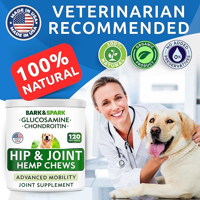 Hip&Joint Hemp Chews for Dogs - Max Strength Glucosamine Chondroitin for Dogs - Dog Joint Pain Relief Treats - Mobility & Flexibility Support - Advanced Joint Care - MSM - Made in USA (120Ct)