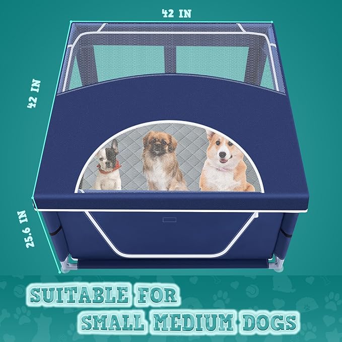 XVISHX 42x42 Inches Puppy Playpen with Cover&Dog Pads, Dog Playpen for Puppies or Small Dogs, Pet Playpen for Indoor & Outdoor, Sturdy Safety Dog Pen with Thickened Fabric