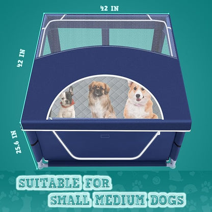 XVISHX 42x42 Inches Puppy Playpen with Cover&Dog Pads, Dog Playpen for Puppies or Small Dogs, Pet Playpen for Indoor & Outdoor, Sturdy Safety Dog Pen with Thickened Fabric