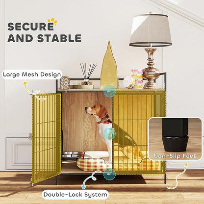 PawHut Dog Crate Furniture with Rotating Bowls, 30 Inch Pet Kennel Furniture End Side Table with 2 Doors, Top Storage Shelf, for Indoor Medium Dogs, Oak