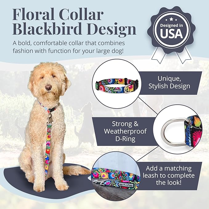 Lucky Love Dog - Adjustable Dog Collar with Easy Click Buckle for Large Ones, Durable, & Comfortable for Male & Female Dogs, Pet Collar for Puppies & Adult Dogs - Blackbird, Large
