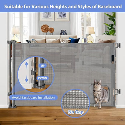 Retractable Baby Gates with Cat Door 80" Wide Retractable Dog Gate with Pet Door Outdoor Retractable Gate for Dogs Retractable Pet Gate with Door Mesh Baby Gate Retractable Mesh Dog Gate (Gray)
