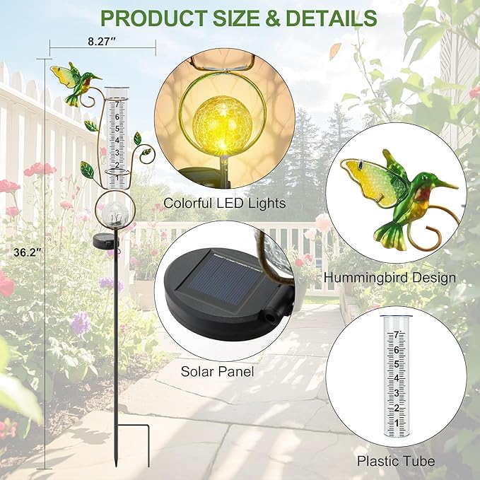 Rain Gauge Outdoor - Solar Rain Gauges Hummingbird Decorative with Color Changing LED Cracked Ball Lights 7" Freeze Proof Tube Rain Gauge Outdoors Best Rated for Yard Lawn Patio Garden Decor