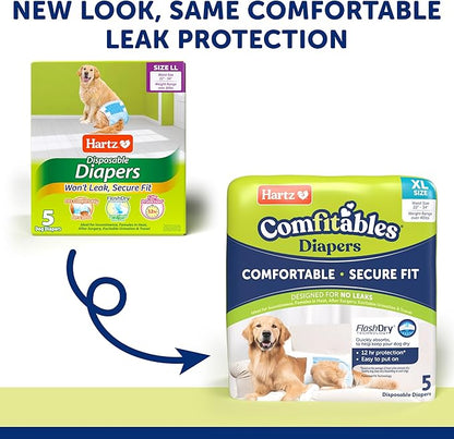 Hartz Comfitables Disposable Dog Diapers, Size XL 5 count, Comfortable & Secure Fit, Easy to Put On, Super Absorbent Male and Female Diaper