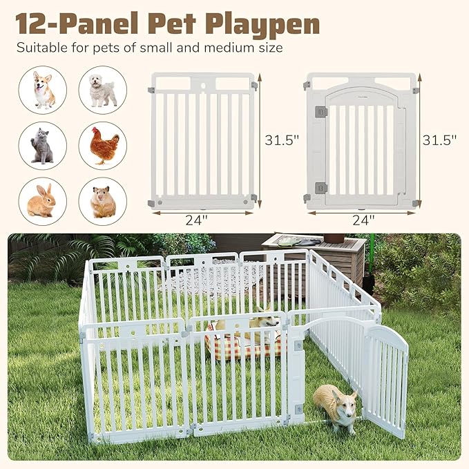 Giantex 12 Panel Dog Playpen, 32'' Tall Plastic Pet Fence with Lockable Door, Indoor Outdoor Portable Dog Exercise Pen for Medium Dogs, Expandable & Configurable into Square or Rectangle