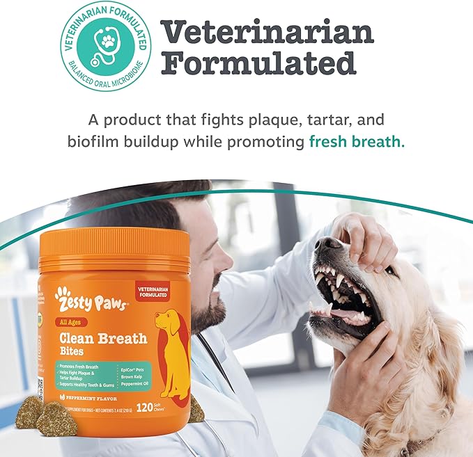 Zesty Paws Clean Breath Dental Chews for Dogs - Dog Breath Freshener + Fights Plaque & Tartar - Dental Chew with Peppermint Oil + Brown Kelp, Green Tea Extract - Teeth, Gum & Oral Health Support