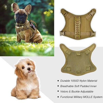 Tactical Dog Harness with Leash Tactical Puppy Vest with Rubber Handle K9 Military Adjustable Pet Harness for Outdoor Training XS Dog Harness (Brown Harness with Leash)