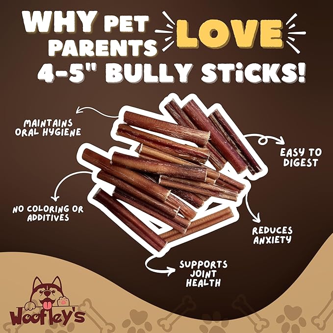 Woofley's 4-5" Bulk Regular Bully Sticks - (20 Count) - Bully Sticks for Dogs - Long Lasting Bully Stick Dog Chews