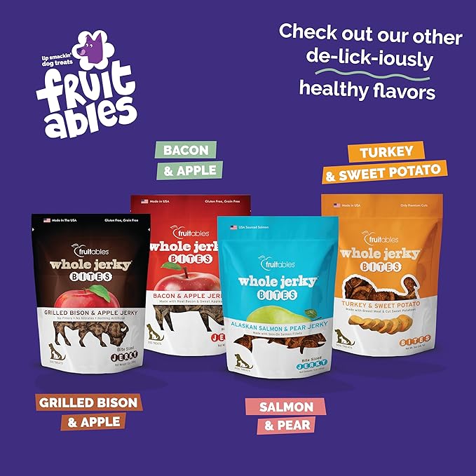 Fruitables Whole Jerky Bites, Healthy Dog Treats, Puppy Essentials, Jerky Dog Treats, Made in the USA, No Fillers or Nitrates, Real Bacon & Apple Flavor, 5oz