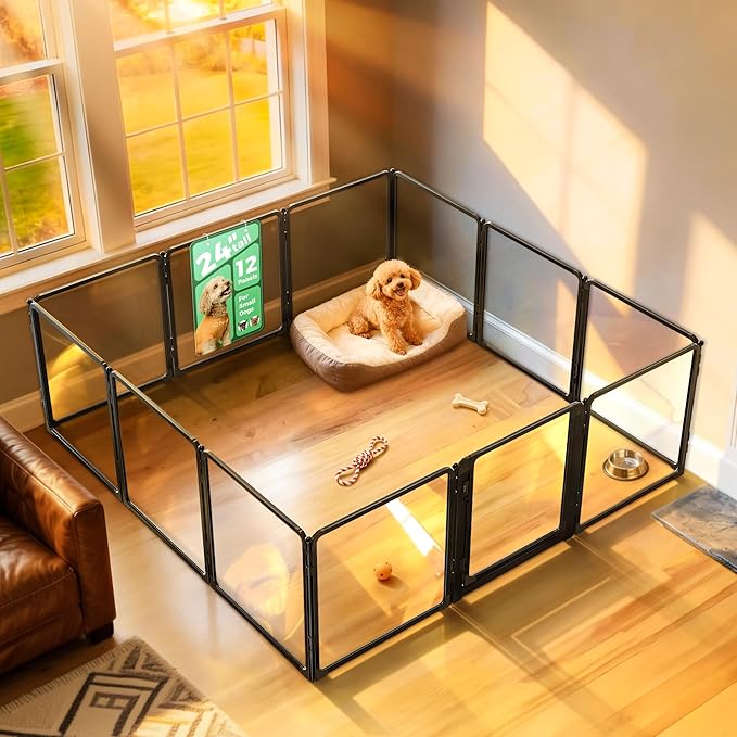 FXW AuraSpace Pro Acrylic Indoor Dog Playpen, Heavy-Duty with Metal Frame, 24" Height 12 Panels for Puppies & Small Dogs, Black│Patented