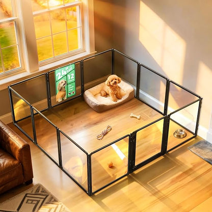FXW AuraSpace Pro Acrylic Indoor Dog Playpen, Heavy-Duty with Metal Frame, 24" Height 12 Panels for Puppies & Small Dogs, Black│Patented