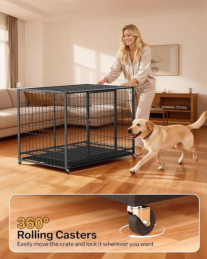 HIWOKK 48 Inch Large Dog Crate, Escape Proof Dog Cage with Dual Door Lock and Swivel Casters,Removable Tray for Easy Cleaning, Dog Kennel Indoor Outdoor Use