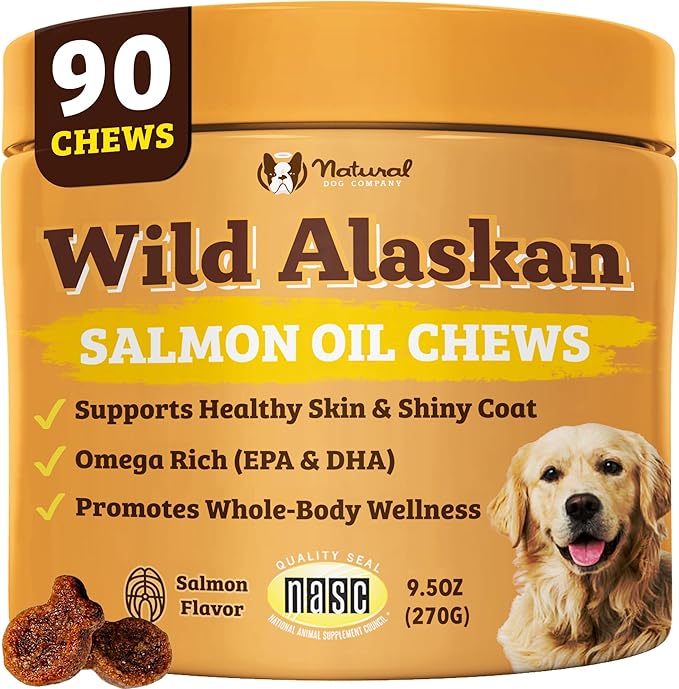 Natural Dog Company Wild Alaskan Salmon Chews for Dogs – Fish Oil Supplement with EPA & DHA for Itchy Skin, Coat, Brain, Joints & Immune Health, Daily Omega-3 Chews, 90 Count