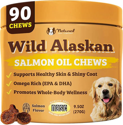 Natural Dog Company Wild Alaskan Salmon Chews for Dogs – Fish Oil Supplement with EPA & DHA for Itchy Skin, Coat, Brain, Joints & Immune Health, Daily Omega-3 Chews, 90 Count