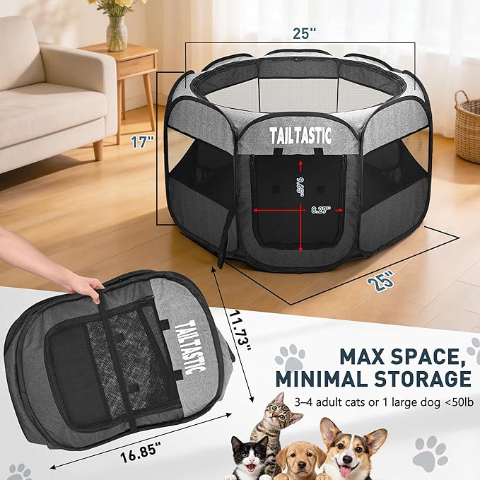 Portable Pet Playpen for Small Dogs & Cats, Foldable Puppy Safety Pen with Removable Zipper Top, Breathable Mesh Dog Delivery Room, Indoor Isolation Cage for Kittens/Rabbits (Light Grey, Small)