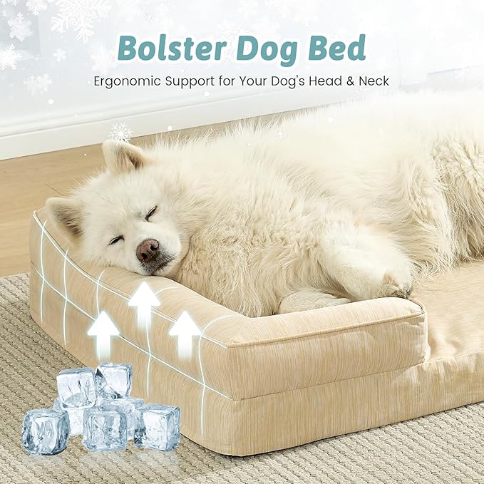 Cooling Dog Bed for Extra Large Dogs, Q-Max >0.4 Summer Cool Orthopedic Foam Pet Sofa Bed with Sides, Bolster Anti-Slip Couch with Washable Removable Cover, XXL 48x35x7.5 inch, Beige