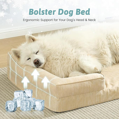 Cooling Dog Bed for Extra Large Dogs, Q-Max >0.4 Summer Cool Orthopedic Foam Pet Sofa Bed with Sides, Bolster Anti-Slip Couch with Washable Removable Cover, XXL 48x35x7.5 inch, Beige