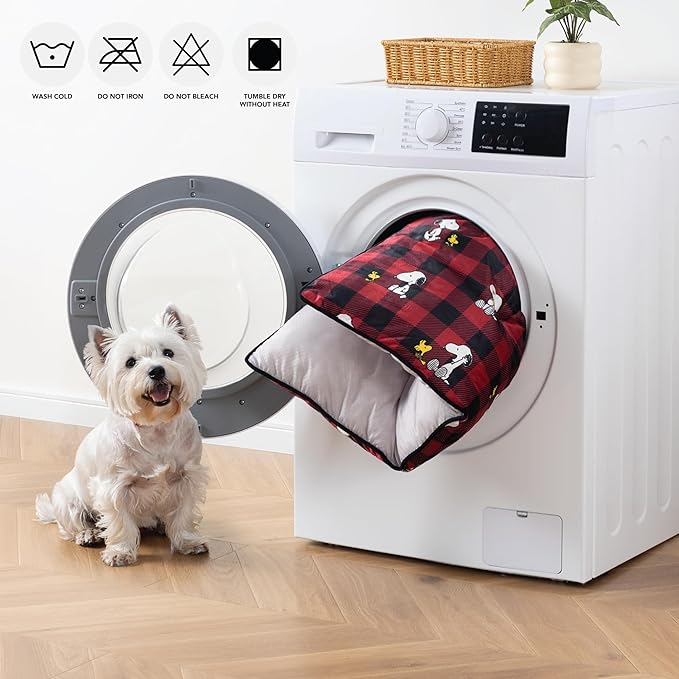 Berkshire Peanuts® Square Dog Bed, Suedemink Fleece Pet Mat with Waterproof & Non-Slip Bottom, Soft Plush Dog Mat for Crate, Couch, or Floor, Machine Washable(Snoopy Everyday Buffalo Plaid, Medium)