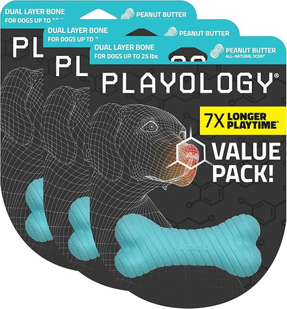 Playology Dog Toys | Dual Layer Bone Durable Chew Toy Bone for Dogs (Value 3-Pack) | Small Peanut Butter Scented Toy - Easy to Clean and Made from Non Toxic Materials