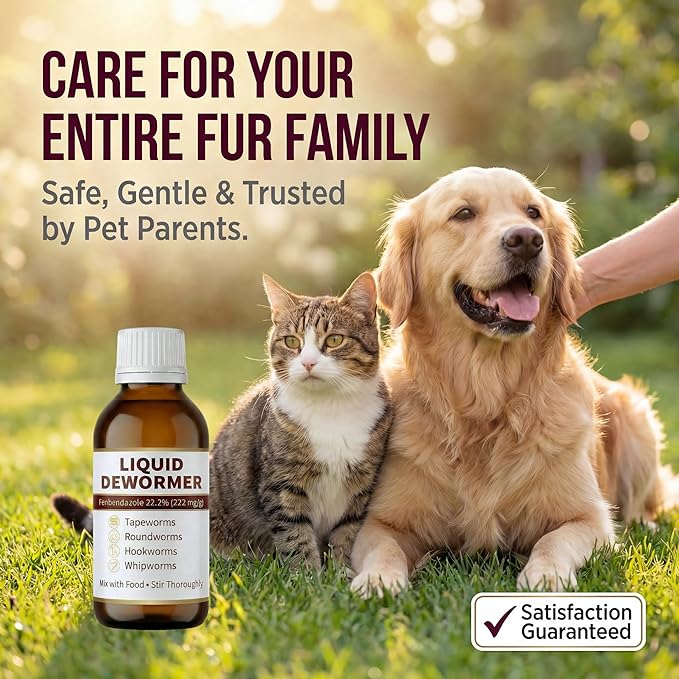 Liquid Dewormer for Cats and Dogs - Fenbendazole 22.2% Cat Dewormer & Dog Dewormer - Targets Tapeworms, Roundworms, Hookworms, Whipworms - Broad Spectrum Worm Medicine - 100mL