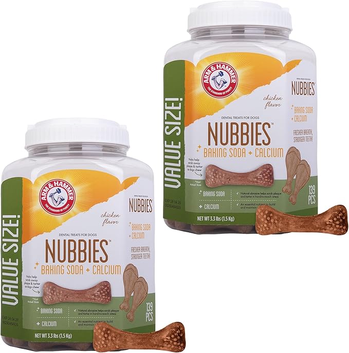 Arm & Hammer for Pets Nubbies Dental Treats Value Size - Baking Soda & Calcium Dog Dental Chews, Helps Scrub Plaque & Tartar While Chewing, Chicken Flavor, 139 Count, 52.8 Oz - 2 Pack