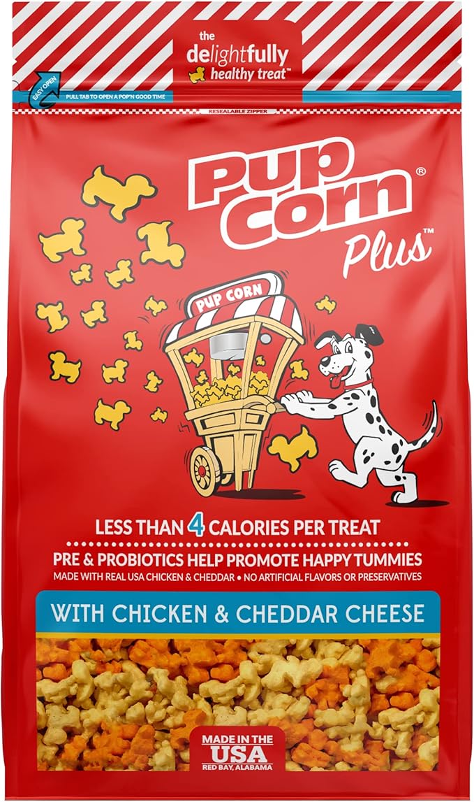 Pup Corn Plus - Puffed Dog Treats with Prebiotics and Probiotics - Chicken & Cheddar Cheese (24oz) - Made in USA
