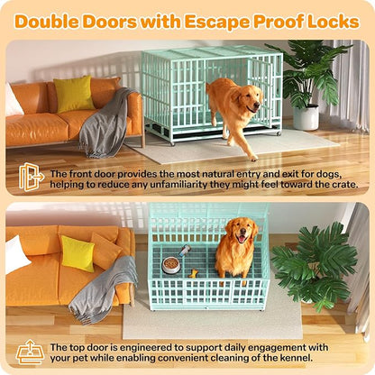 Hiwokk 48 Inch Heavy Duty Dog Crate, Indestructible Escape-Proof Dog Kennel for High Anxiety Large Dogs, Strong Metal Pet Cage with Double Doors, Lockable Wheels & Removable Tray, XL XXL XXXL