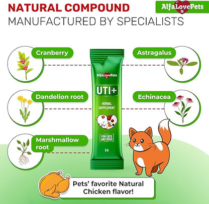 Cat UTI Treatment for Frequent Urination, Bladder & Kidney Irritation – Squeezable Dog UTI Treatment for Natural Care – Creamy UTI+ Cranberry Supplement for Dogs with Chicken Flavor – 10 Sticks x 5 g