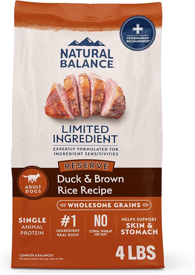 Natural Balance Limited Ingredient Adult Dry Dog Food with Healthy Grains, Reserve Duck & Brown Rice Recipe, 4 Pound (Pack of 1)