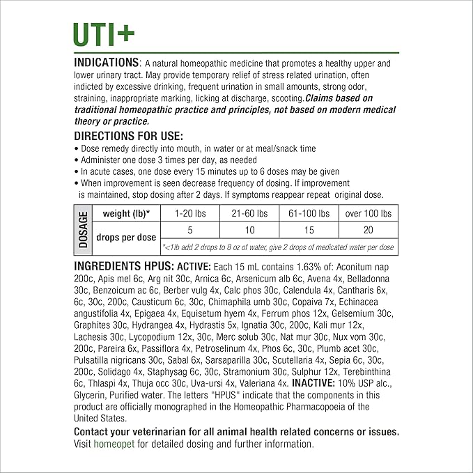 HomeoPet UTI+ Urinary Tract Relief, Safe and Natural Dog and Cat UTI Supplement, 15 Milliliters