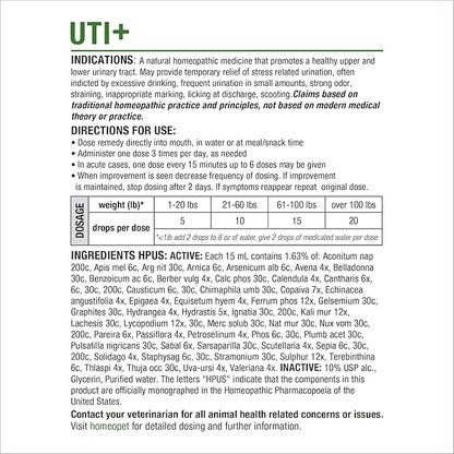HomeoPet UTI+ Urinary Tract Relief, Safe and Natural Dog and Cat UTI Supplement, 15 Milliliters
