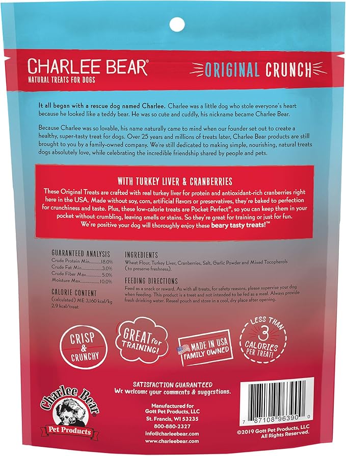 Charlee Bear Original Crunch Dog Treats,Turkey Liver and Cranberries Resealable Bag,Low Calorie Training Treats for Dogs,Limited Ingredient,Healthy,Crunchy Dog Snacks,Made in USA,16 Ounce (Pack of 2)