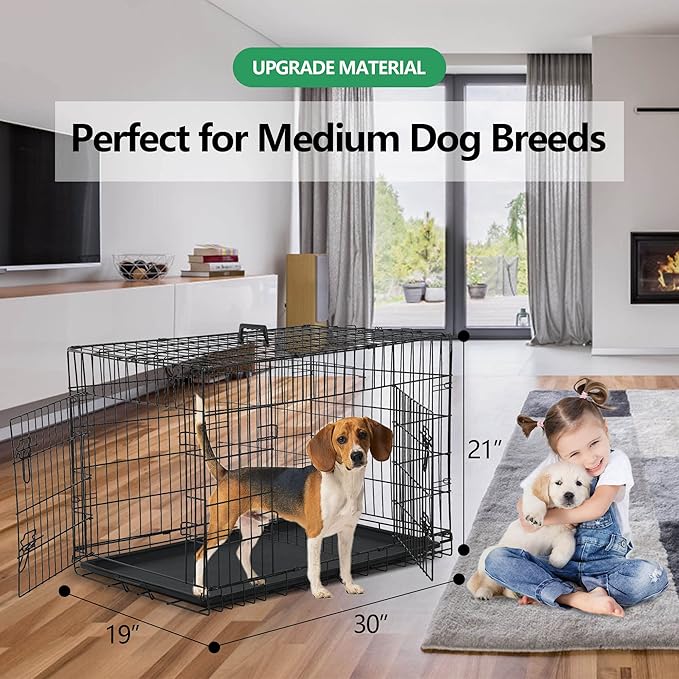 Dog Crate, 24/30/36/42/48 Inch Dog Crates for Small Medium Large Dogs Indoor, Folding Metal Dog Kennel Dog Cage with Double-Door, Divider Panel, Removable Tray, Locks and Handle, (30 Inch, Black)