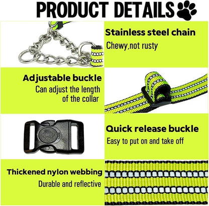 Martingale Dog Collars, Reflective Nylon Collar with Stainless Steel Chain, Adjustable Walking Training Dog Collars with Quick Release Buckle, Suitable for Small Medium Large Dogs(Green,S)