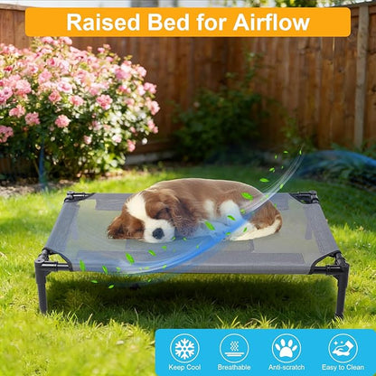 34'' Outdoor Elevated Dog Bed with Four Ice Pack, Raised Dogs Bed Small Medium Size Dogs, Breathable Cooling Dog Cot Beds with No-Slip Feet, Outdoor Pet Hammock Beds, Outside Pet Beds(Small)
