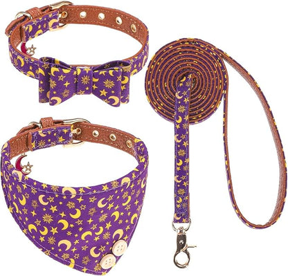 EXPAWLORER Dog Collar and Leash Set - Purple Star-Moon Dog Bow Tie and Dog Bandana Collar with Bell, Dog Leash Tangle Free, Adjustable Collars for Small Medium Large Dogs Cats, Holiday Ideal Gift, S