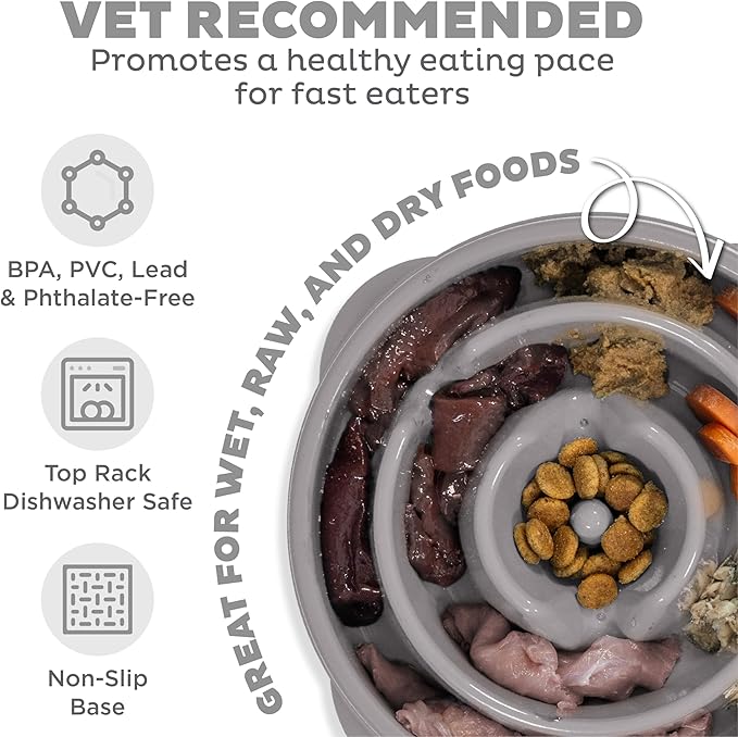 Outward Hound Fun Feeder Slo Bowl – Medium 2‑Cup Capacity, Slow Feeding, Small to Medium Dogs & Cats, Non-Slip, Gray, Drop Pattern