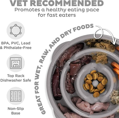 Outward Hound Fun Feeder Slo Bowl – Medium 2‑Cup Capacity, Slow Feeding, Small to Medium Dogs & Cats, Non-Slip, Gray, Drop Pattern