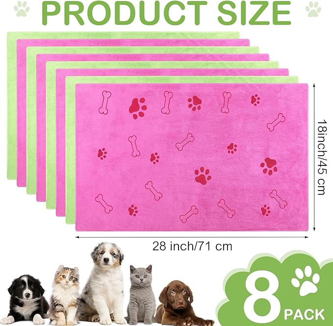 Chumia 8 Pcs Dog Towels for Drying Dogs Cats Pet Towels Bulk Puppy Microfiber Fast Drying Paw Bath Bathing Supplies Absorbent for Medium Pets(40 x 24 Inch,Dog Paw and Bone,Hot Pink,Green)