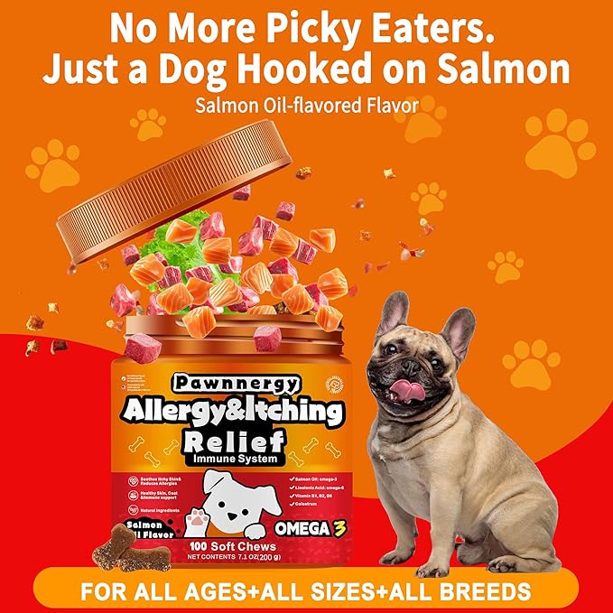 Dog Allergy & Itch Relief Chews - Salmon Oil Omega-3, Omega-6, Vitamin B1/B2/B6, Colostrum Probiotics Supplement for Seasonal Allergy, Hot Spots, Paw Licking, Scratching, 98 Soft Chews