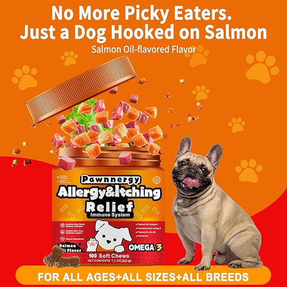 Dog Allergy & Itch Relief Chews - Salmon Oil Omega-3, Omega-6, Vitamin B1/B2/B6, Colostrum Probiotics Supplement for Seasonal Allergy, Hot Spots, Paw Licking, Scratching, 98 Soft Chews