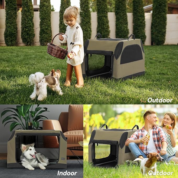 PETSFIT Dog Travel Crate, Collapsible Dog Crate- 30 Inch Sturdy Adjustable Structure, Easy to Set Up, Portable Soft Dog Kennel for Car, Light Tough with 3 Mesh Doors, Army Green