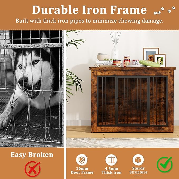 Greesum Modern Dog Crate Furniture That Doubles as a Side Table - Sturdy Wooden Kennel with Double Door Design, Equipped with Soft Cushion & Chew-Resistant Resign, Suitable for Dogs
