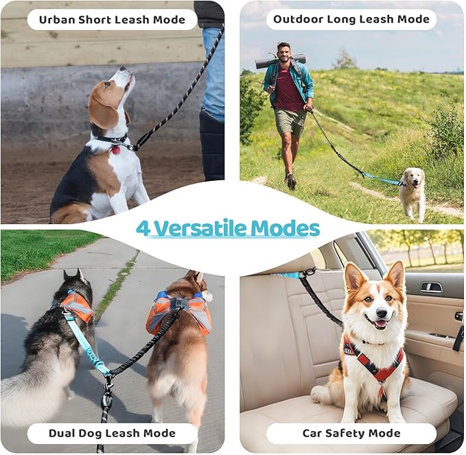 Double Dog Leash - 360°Swivel Tangle Free Splitter Attachment, 1 Rope with Handle, 2 Dogs Multi-Functional Leash, for Outdoor Walk Train Small Medium Large Two Pet, Lake Blue