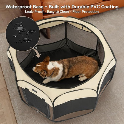 Dog Playpen for Small Dogs & Puppies, 50.39" Portable Indoor Outdoor Puppy Playpen with Bowl, Waterproof Floor, Foldable Pop-Up Pet Pen for Home, Travel & Daily Use, Brown+Beige