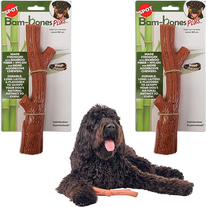 SPOT Bam-Bones Plus Branch -Bamboo Fiber & Nylon, Durable Long Lasting Dog Chew for Aggressive Chewers – Great Toy for Adult Dogs & Teething Puppies Under 90lbs, Non-Splintering, 9.5in, Beef Flavor