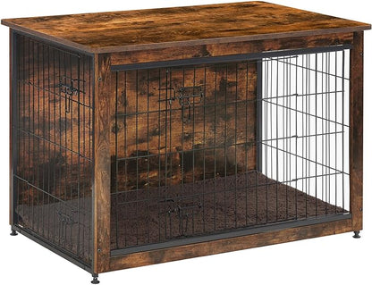 DWANTON Dog Crate Furniture with Cushion, Wooden Kennel Table with Double Doors, Indoor Dog House, Large Size, 38.5" L, Rustic Brown