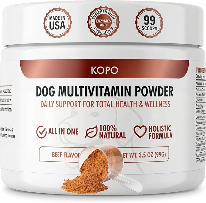 Kopo Dog Multivitamin Powder | Supports Heart, Daily Vitality, Immune Health, Digestion, Skin & Coat and Hip & Joint | For Puppy, Adult & Senior Dogs | Beef Liver Flavor | All Breeds Sizes | 99 Scoops